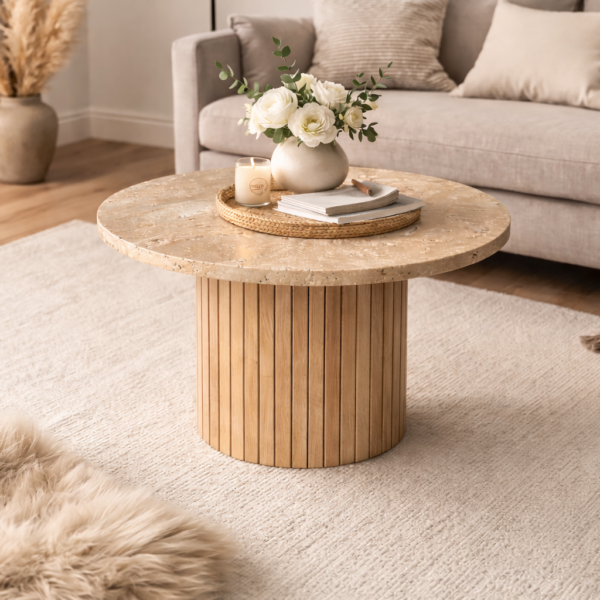 Geribbelde salontafel met travertin tafelblad
