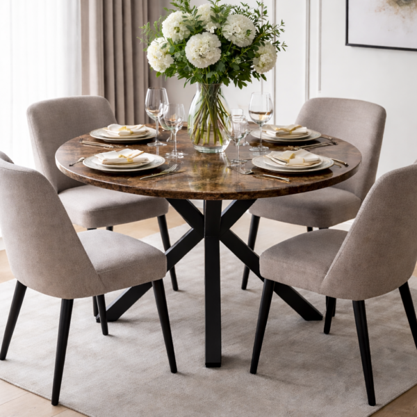 Ronde tafel met een metalen onderstel.