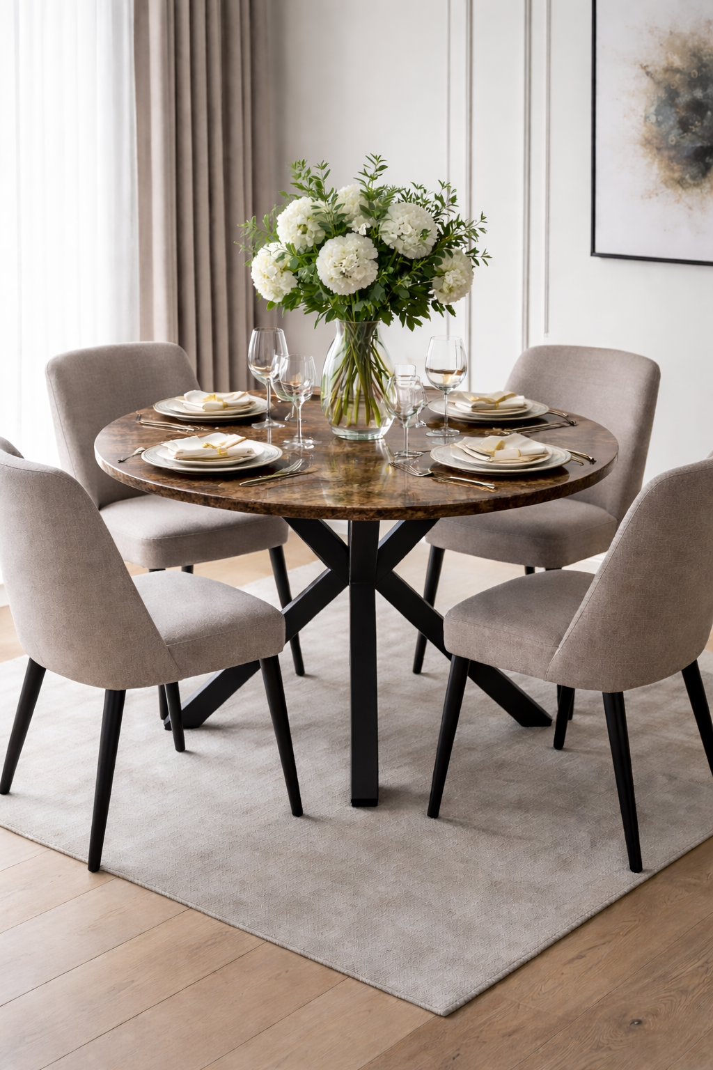 Ronde tafel met een metalen onderstel.